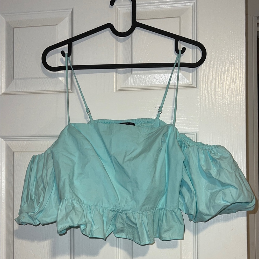 Light Blue Off-Shoulder Ruffle Crop Top - Picture 3 of 4